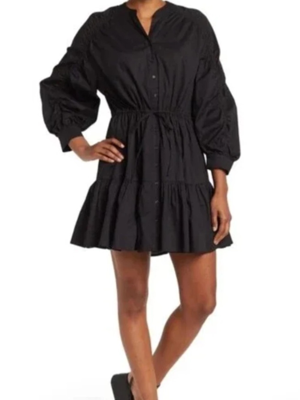 ASTR The Label Black Cotton Poplin Tiered Shirt Dress Large Ruched Sleeve